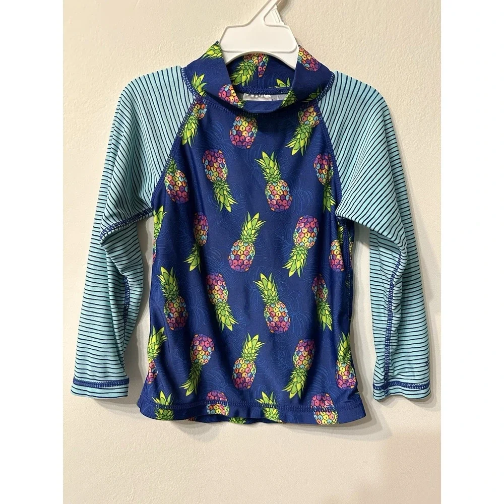 UV Skinz Unisex 4T Rash Guard Swim Top UPF 50 Pineapple Blue Striped Long Sleeve